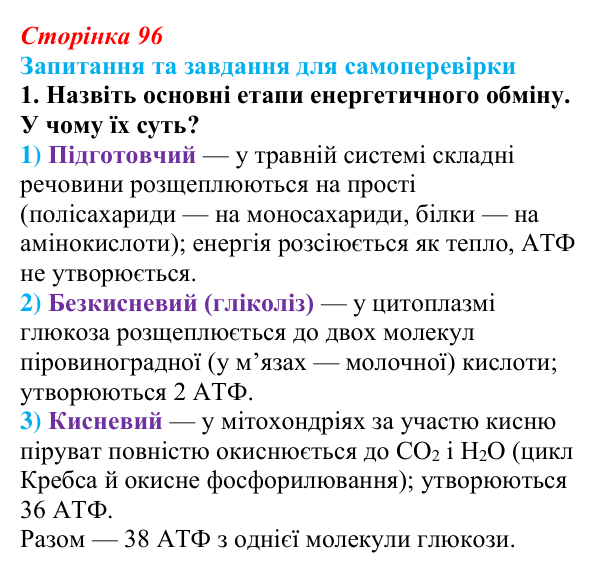 Відповідь до завдання 1 (с. 96) з біології для 9 класу, Горобець 2026: розщеплення речовин, етапи енергетичного обміну