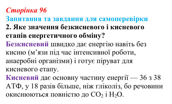 Відповідь до завдання 2 (с. 96) з біології для 9 класу, Горобець 2026: розщеплення речовин, етапи енергетичного обміну