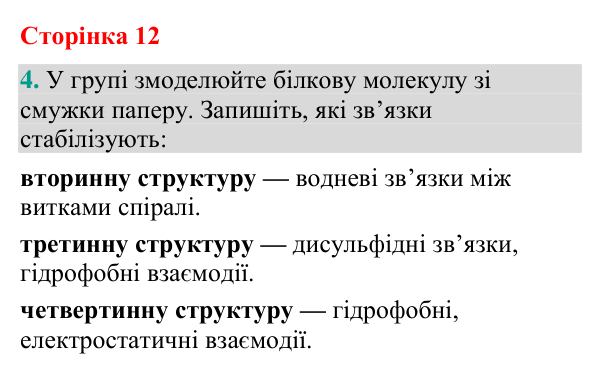 Відповідь до завдання 4 (с. 12) з біології для 9 класу (Кулініч, 2026): Білки: будова та властивості