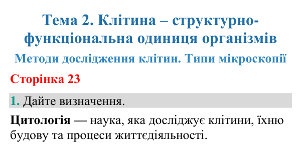 Відповідь до завдання 1 (с. 23) з біології для 9 класу (Кулініч, 2026): Методи дослідження клітин