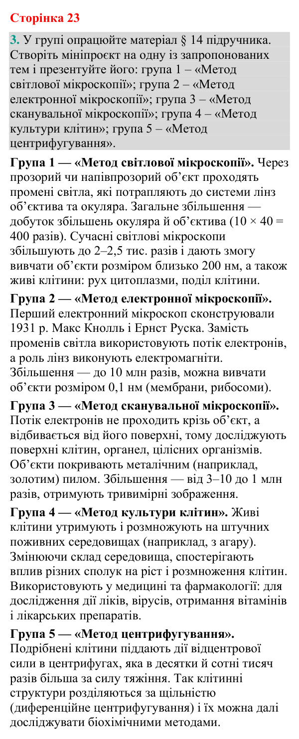 Відповідь до завдання 3 (с. 23) з біології для 9 класу (Кулініч, 2026): Методи дослідження клітин