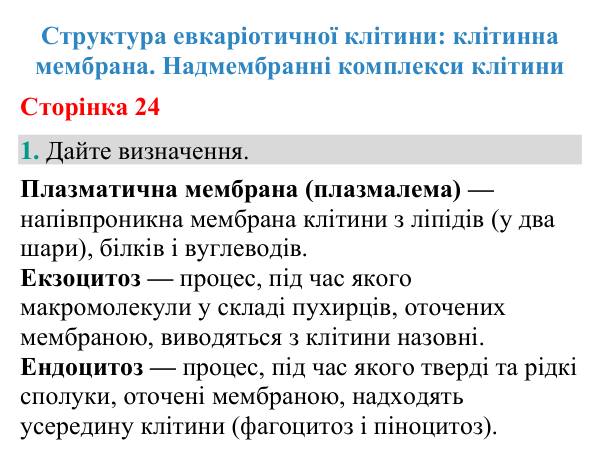 Відповідь до завдання 1 (с. 24) з біології для 9 класу (Кулініч, 2026): Мембрана й надмембранні комплекси