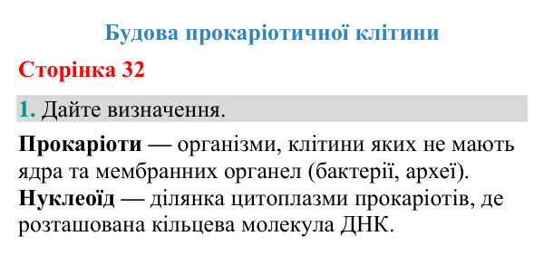 Відповідь до завдання 1 (с. 32) з біології для 9 класу (Кулініч, 2026): Будова прокаріотичної клітини