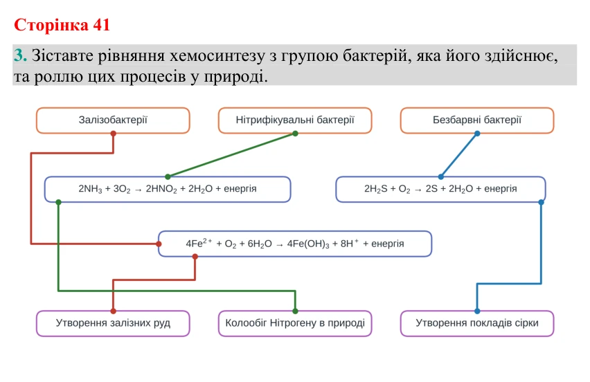 Відповідь до завдання 3 (с. 41) з біології для 9 класу (Кулініч, 2026): Темнова фаза. Хемосинтез