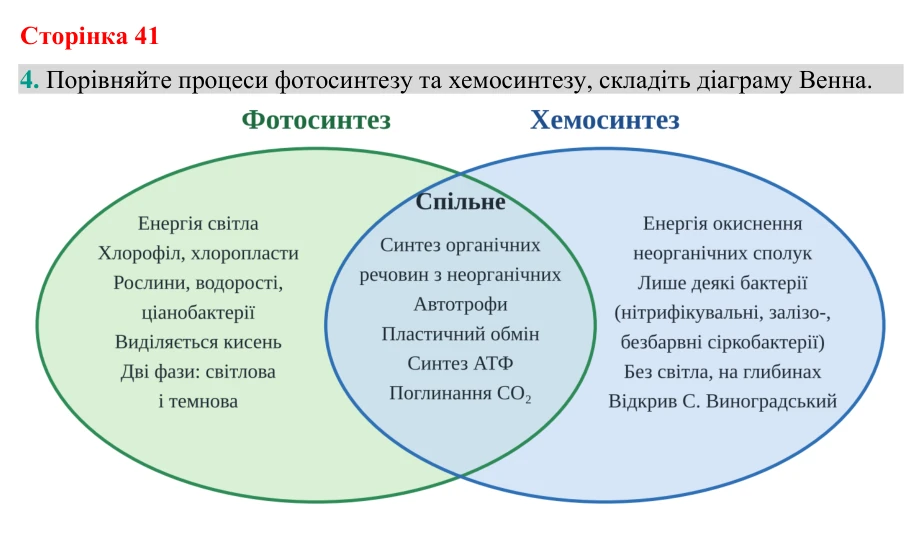Відповідь до завдання 4 (с. 41) з біології для 9 класу (Кулініч, 2026): Темнова фаза. Хемосинтез