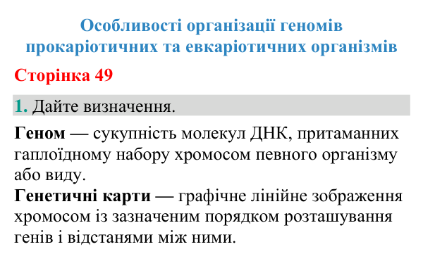 Відповідь до завдання 1 (с. 49) з біології для 9 класу (Кулініч, 2026): Геноми про- та евкаріотів
