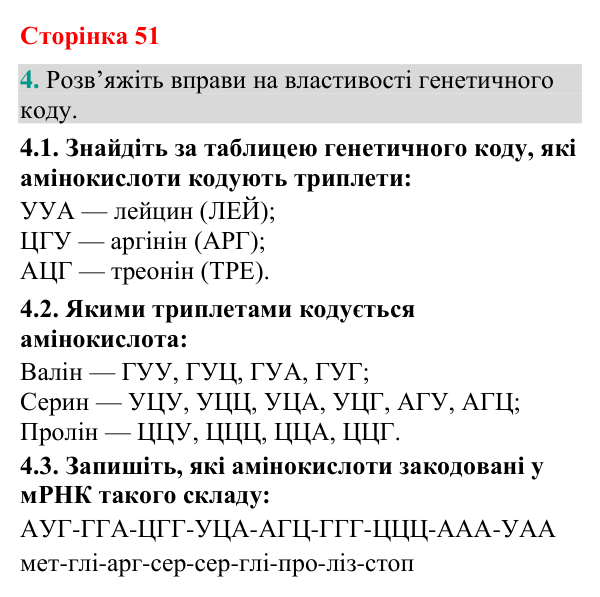 Відповідь до завдання 4 (с. 51) з біології для 9 класу (Кулініч, 2026): Генетичний код