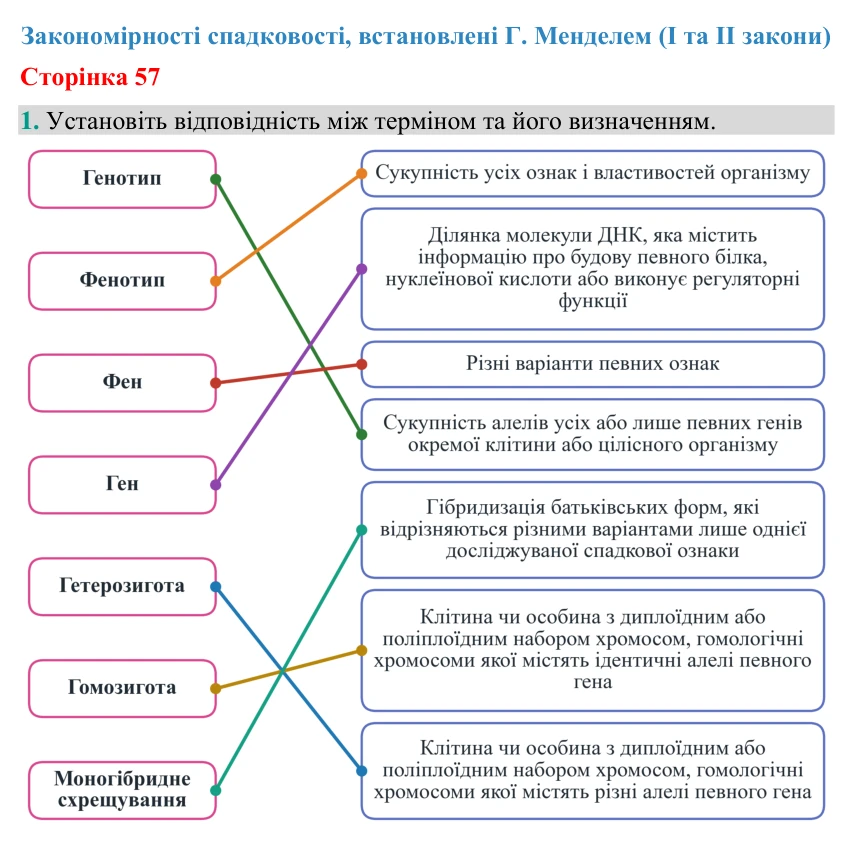 Відповідь до завдання 1 (с. 57) з біології для 9 класу (Кулініч, 2026): І та ІІ закони Менделя
