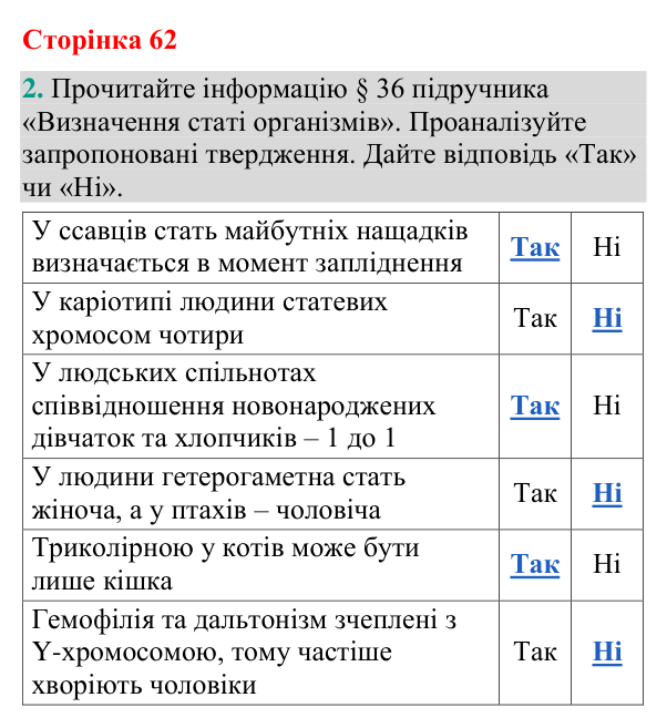 Відповідь до завдання 2 (с. 62) з біології для 9 класу (Кулініч, 2026): Генетика статі