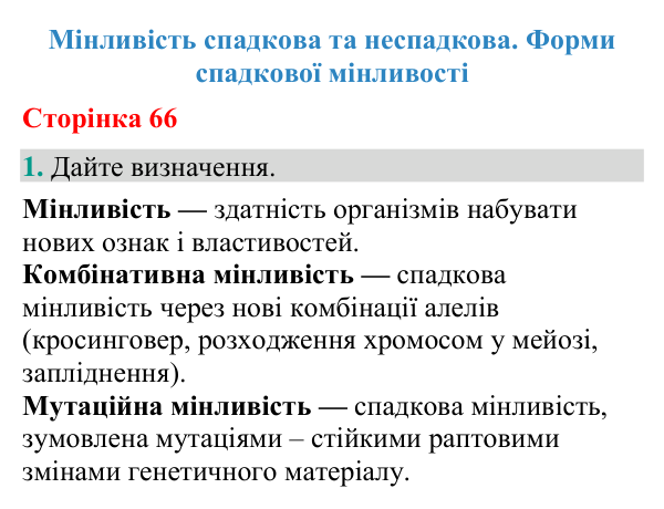 Відповідь до завдання 1 (с. 66) з біології для 9 класу (Кулініч, 2026): Спадкова й неспадкова мінливість