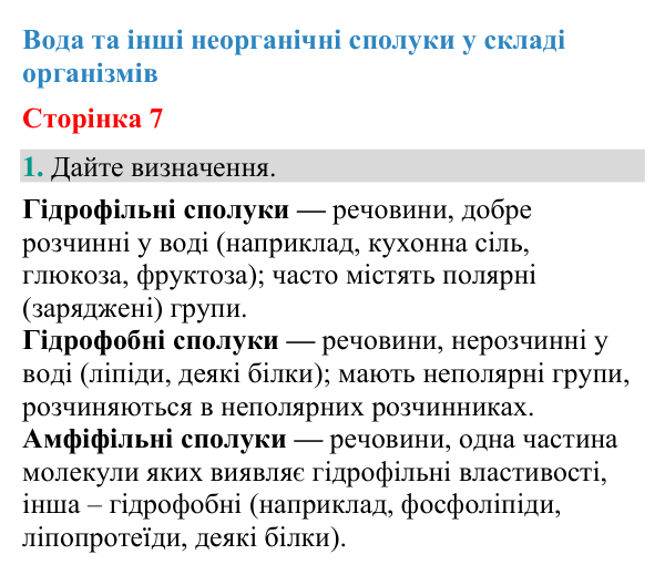 Відповідь до завдання 1 (с. 7) з біології для 9 класу (Кулініч, 2026): Вода та неорганічні сполуки