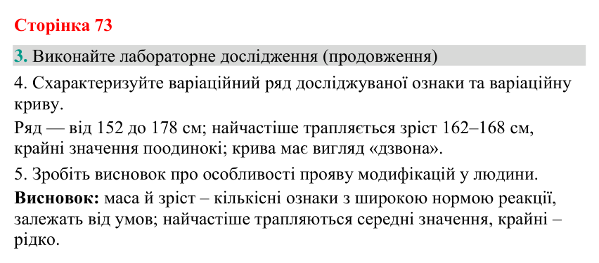 Відповідь до завдання 3 (с. 73) з біології для 9 класу (Кулініч, 2026): Модифікаційна мінливість