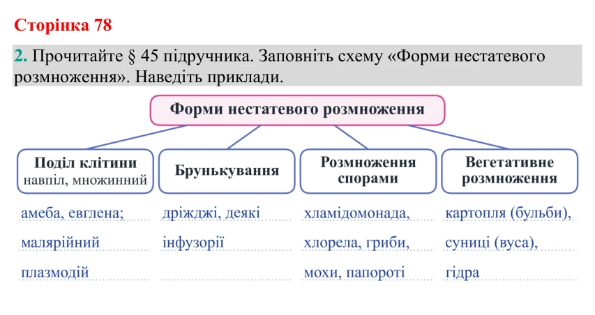 Відповідь до завдання 2 (с. 78) з біології для 9 класу (Кулініч, 2026): Нестатеве розмноження