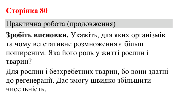 Відповідь до практичної роботи (с. 80) з біології для 9 класу (Кулініч, 2026): Нестатеве розмноження