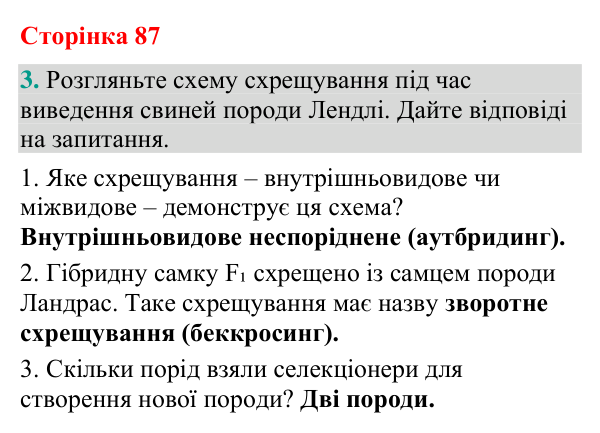Відповідь до завдання 3 (с. 87) з біології для 9 класу (Кулініч, 2026): Селекція рослин, тварин, мікробів
