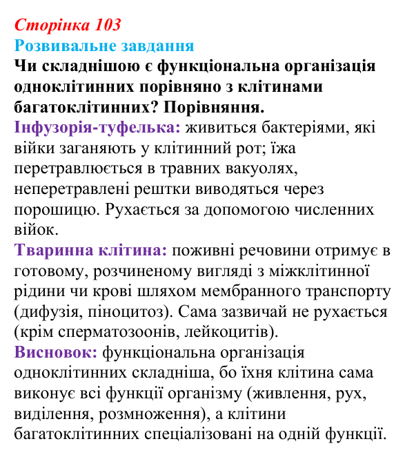 Відповідь до розвивального завдання (§ 6.2, с. 103) з біології для 9 класу, Соболь 2026: Одноклітинні організми