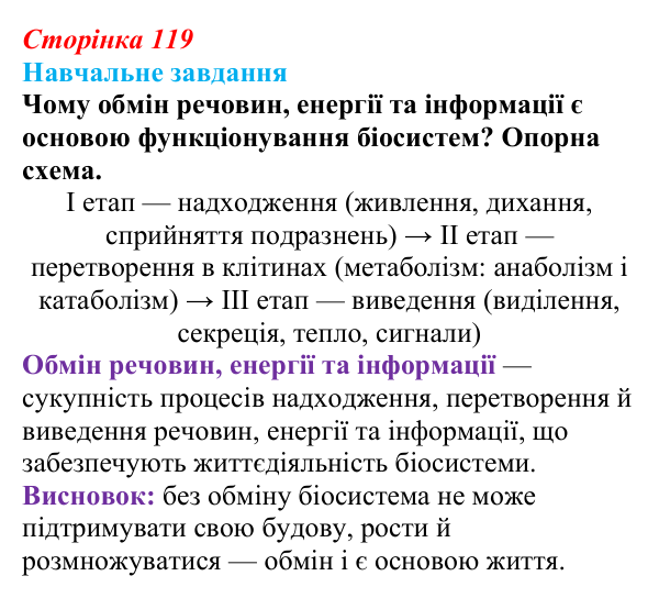 Відповідь до навчального завдання (§ 7.1, с. 119) з біології для 9 класу, Соболь 2026: Обмін енергії, речовин та інформації