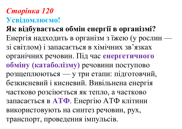 Відповідь до питання 1 на с. 120 (§ 7.2) з біології для 9 класу, Соболь 2026: Енергетичний обмін організмів