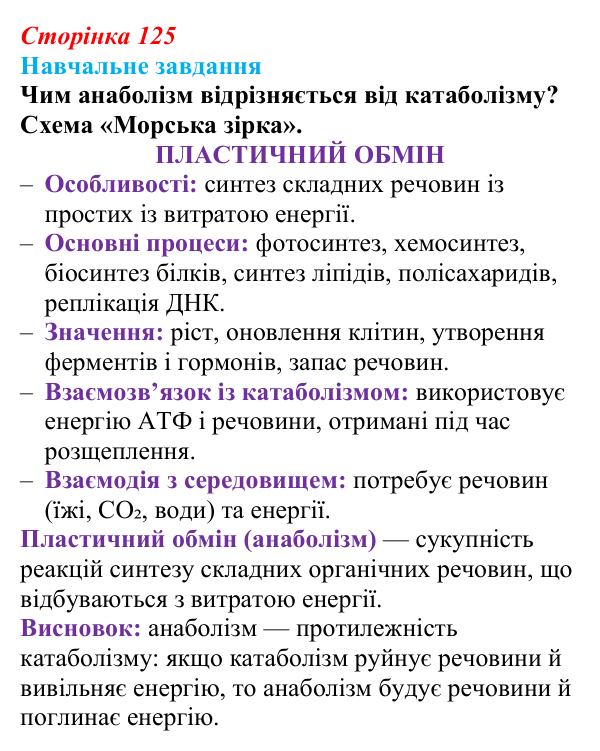Відповідь до навчального завдання (§ 7.3, с. 125) з біології для 9 класу, Соболь 2026: Пластичний обмін. Біосинтез білків