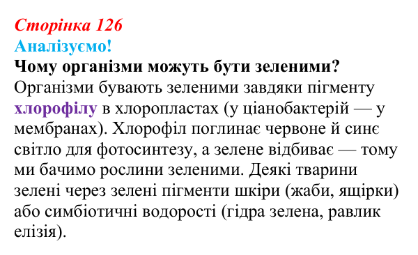 Відповідь до питання 1 на с. 126 (§ 7.4) з біології для 9 класу, Соболь 2026: Пластичний обмін. Фото- та хемосинтез