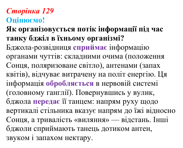 Відповідь до питання 1 на с. 129 (§ 7.5) з біології для 9 класу, Соболь 2026: Інформаційний обмін