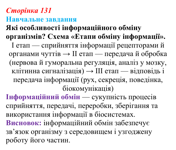 Відповідь до навчального завдання (§ 7.5, с. 131) з біології для 9 класу, Соболь 2026: Інформаційний обмін