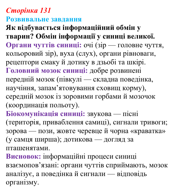 Відповідь до розвивального завдання (§ 7.5, с. 131) з біології для 9 класу, Соболь 2026: Інформаційний обмін