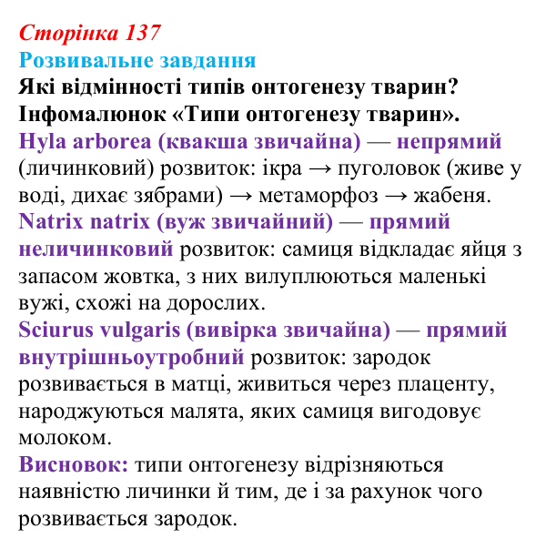 Відповідь до розвивального завдання (§ 8.1, с. 137) з біології для 9 класу, Соболь 2026: Індивідуальний розвиток організмів
