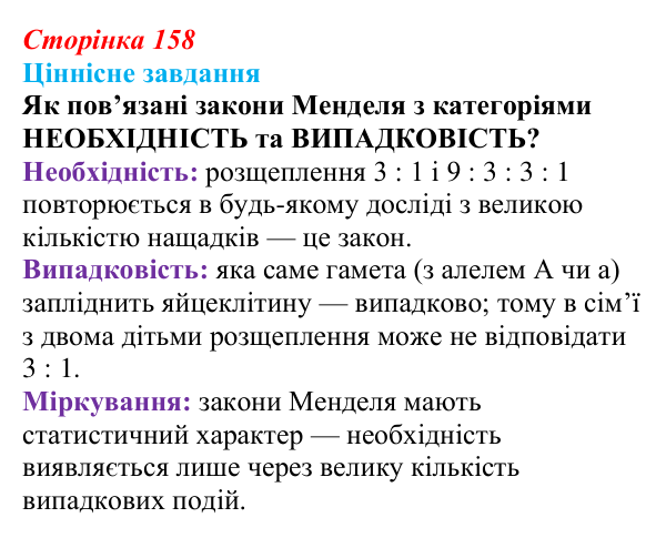 Відповідь до ціннісного завдання (§ 9.2, с. 158) з біології для 9 класу, Соболь 2026: Закономірності успадкування ознак