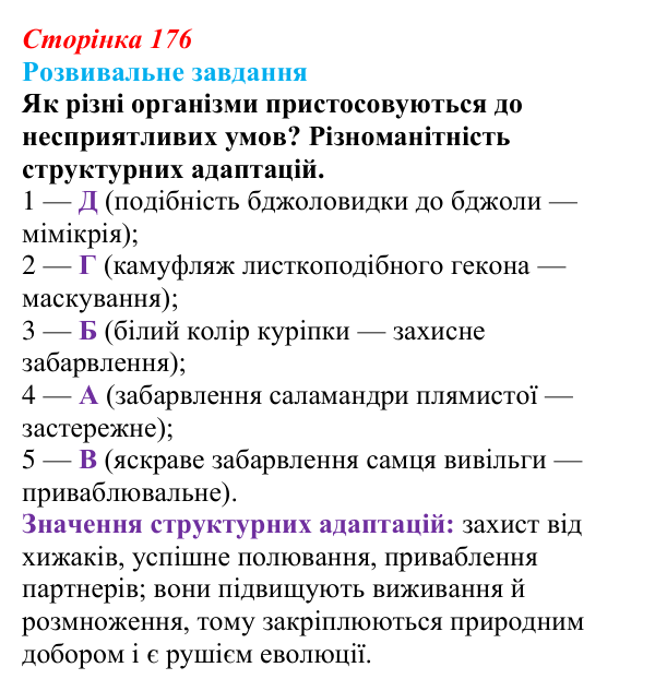 Відповідь до розвивального завдання (§ 10.2, с. 176) з біології для 9 класу, Соболь 2026: Адаптація організмів