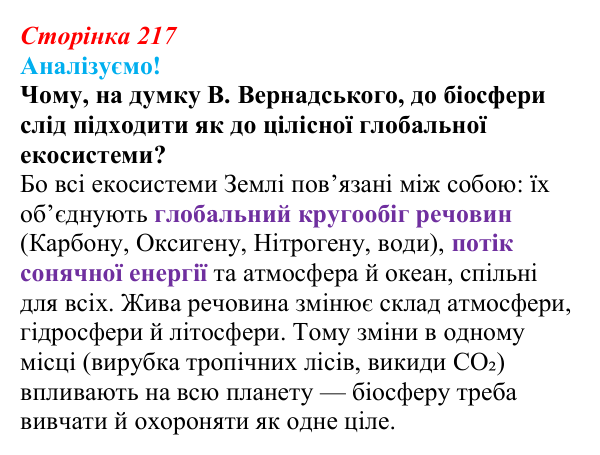 Відповідь до питання 1 на с. 217 (§ 12.4) з біології для 9 класу, Соболь 2026: Біосфера