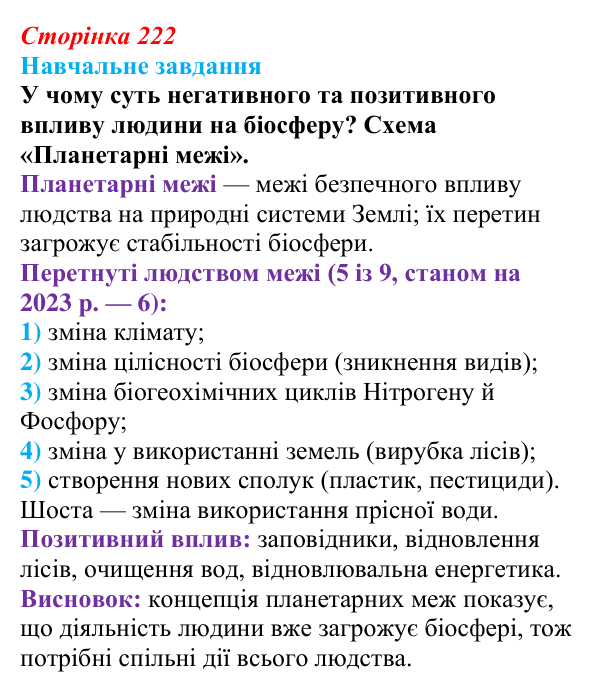 Відповідь до навчального завдання (§ 12.5, с. 222) з біології для 9 класу, Соболь 2026: Біосфера та антропогенний вплив