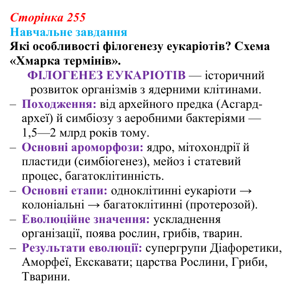Відповідь до навчального завдання (§ 14.3, с. 255) з біології для 9 класу, Соболь 2026: Філогенез еукаріотів