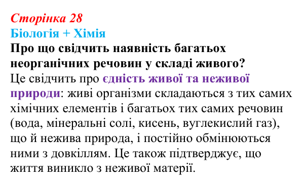 Відповідь до питання 1 на с. 28 (§ 2.2) з біології для 9 класу, Соболь 2026: Біонеорганічні сполуки