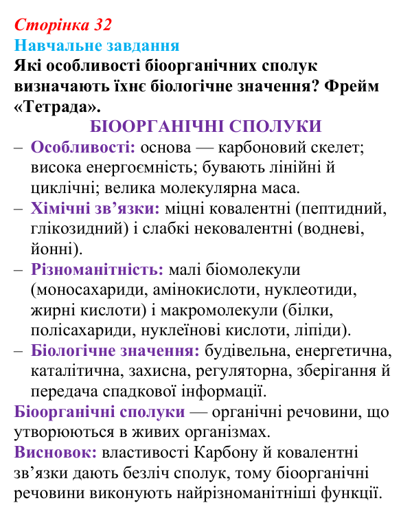 Відповідь до навчального завдання (§ 2.3, с. 32) з біології для 9 класу, Соболь 2026: Біоорганічні сполуки