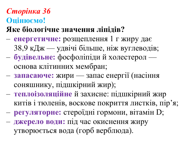 Відповідь до питання 1 на с. 36 (§ 2.5) з біології для 9 класу, Соболь 2026: Ліпіди