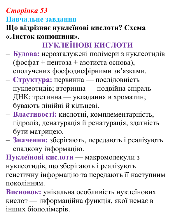 Відповідь до навчального завдання (§ 3.4, с. 53) з біології для 9 класу, Соболь 2026: Нуклеїнові кислоти