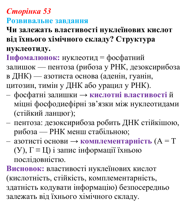 Відповідь до розвивального завдання (§ 3.4, с. 53) з біології для 9 класу, Соболь 2026: Нуклеїнові кислоти