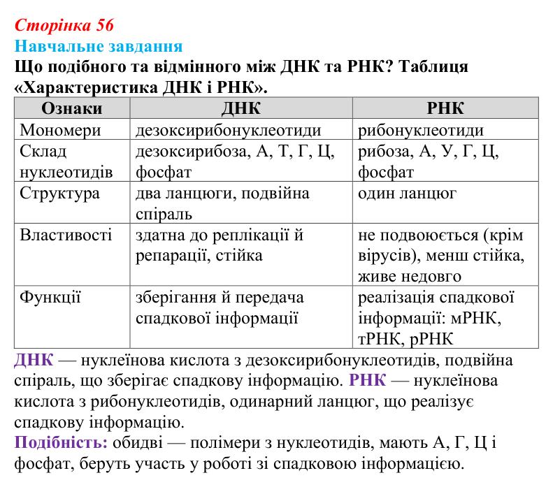 Відповідь до навчального завдання (§ 3.5, с. 56) з біології для 9 класу, Соболь 2026: ДНК та РНК