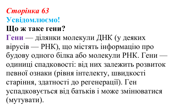 Відповідь до питання 1 на с. 63 (§ 4.2) з біології для 9 класу, Соболь 2026: Ген. Генетичний код. Експресія генів