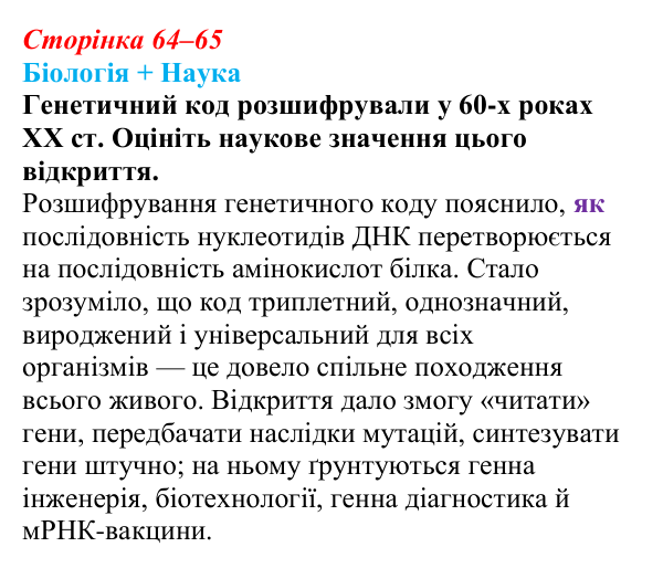 Відповідь до питання 1 на с. 64–65 (§ 4.2) з біології для 9 класу, Соболь 2026: Ген. Генетичний код. Експресія генів