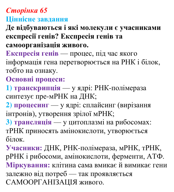 Відповідь до ціннісного завдання (§ 4.2, с. 65) з біології для 9 класу, Соболь 2026: Ген. Генетичний код. Експресія генів