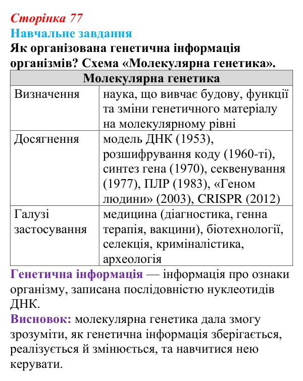 Відповідь до навчального завдання (§ 4.6, с. 77) з біології для 9 класу, Соболь 2026: Генетична інформація та наукові...