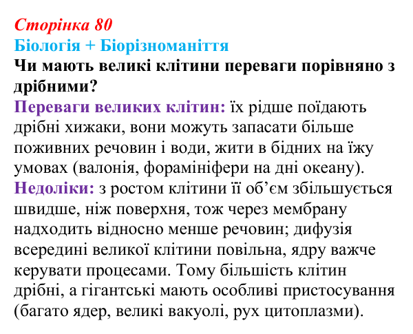 Відповідь до питання 1 на с. 80 (§ 5.1) з біології для 9 класу, Соболь 2026: Клітина