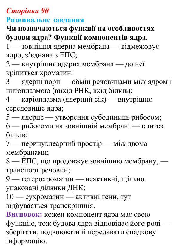 Відповідь до розвивального завдання (§ 5.4, с. 90) з біології для 9 класу, Соболь 2026: Ядро клітини