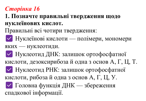 Відповідь до завдання 1 (с. 16) з біології для 9 класу, Тагліна 2026, робочий зошит: Структура та біологічні функції...