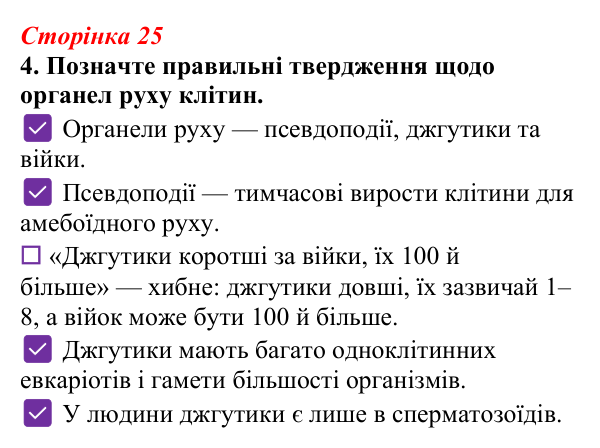 Відповідь до завдання 4 (с. 25) з біології для 9 класу, Тагліна 2026, робочий зошит: Цитоплазма, цитоскелет, клітинний...