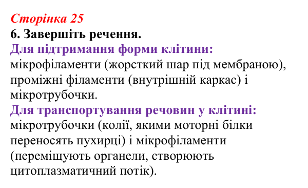 Відповідь до завдання 6 (с. 25) з біології для 9 класу, Тагліна 2026, робочий зошит: Цитоплазма, цитоскелет, клітинний...