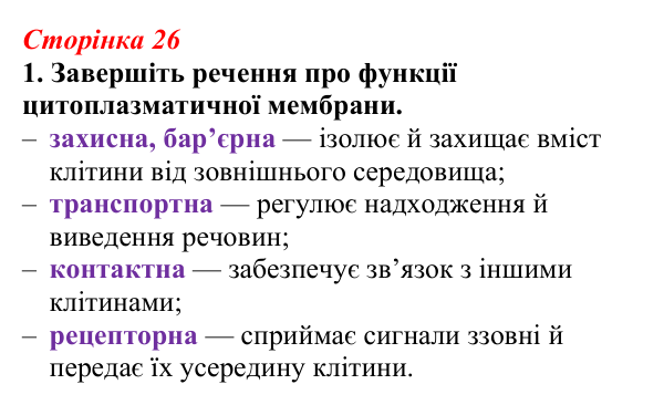 Відповідь до завдання 1 (с. 26) з біології для 9 класу, Тагліна 2026, робочий зошит: Клітинні мембрани, плазматична...