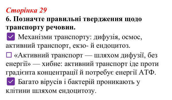 Відповідь до завдання 6 (с. 29) з біології для 9 класу, Тагліна 2026, робочий зошит: Транспорт речовин крізь клітинну...